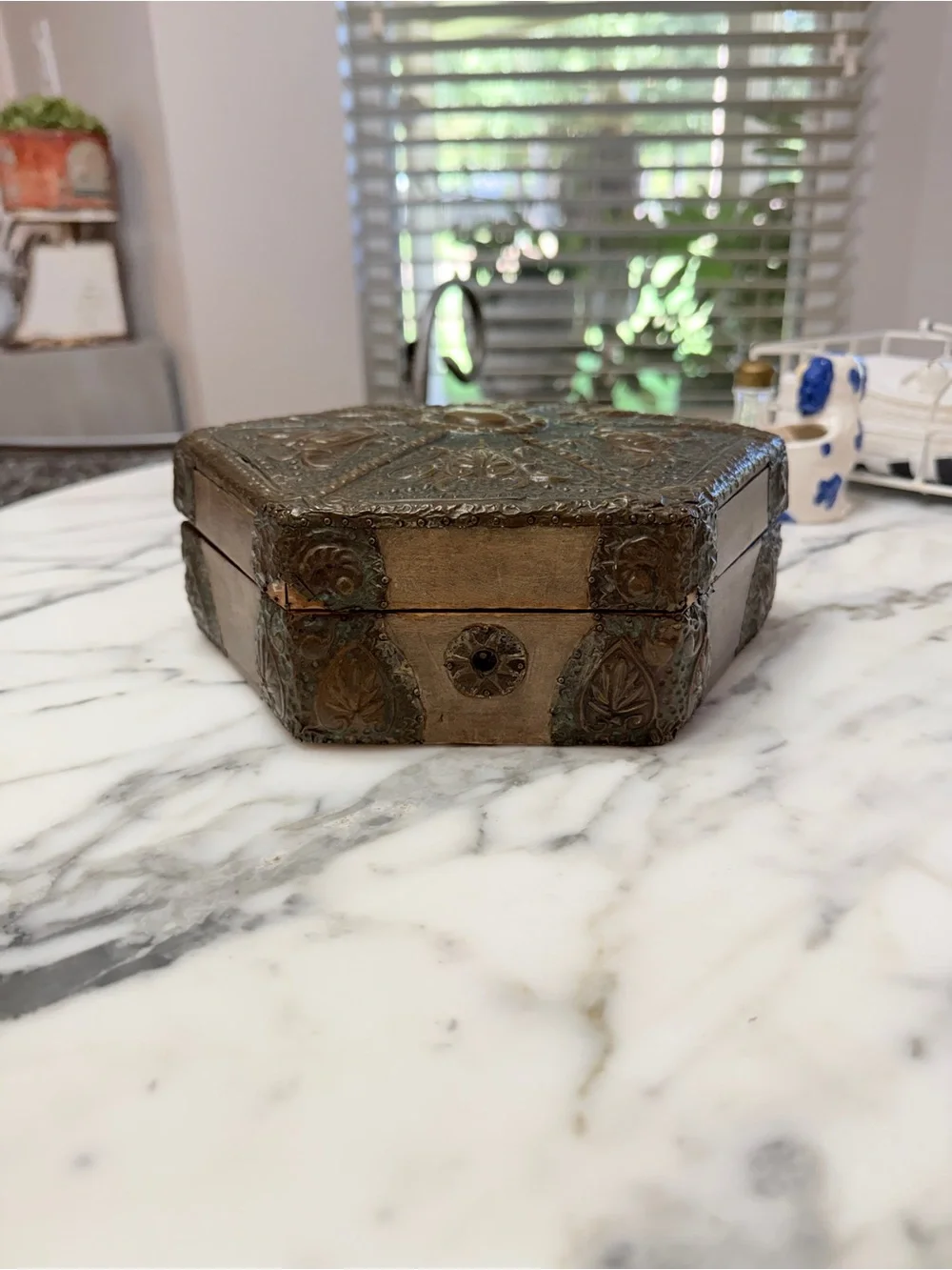 Antique Brass & Wood Ornate Hexagonal Decorative Trinket Box from Czech Republic